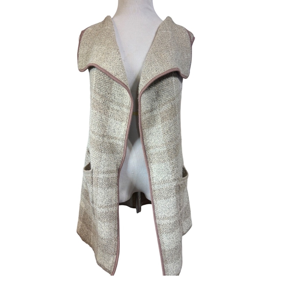 Yaira Sweater Vest Womens Medium Plaid Faux Leather Trim Beige Open Front Knit